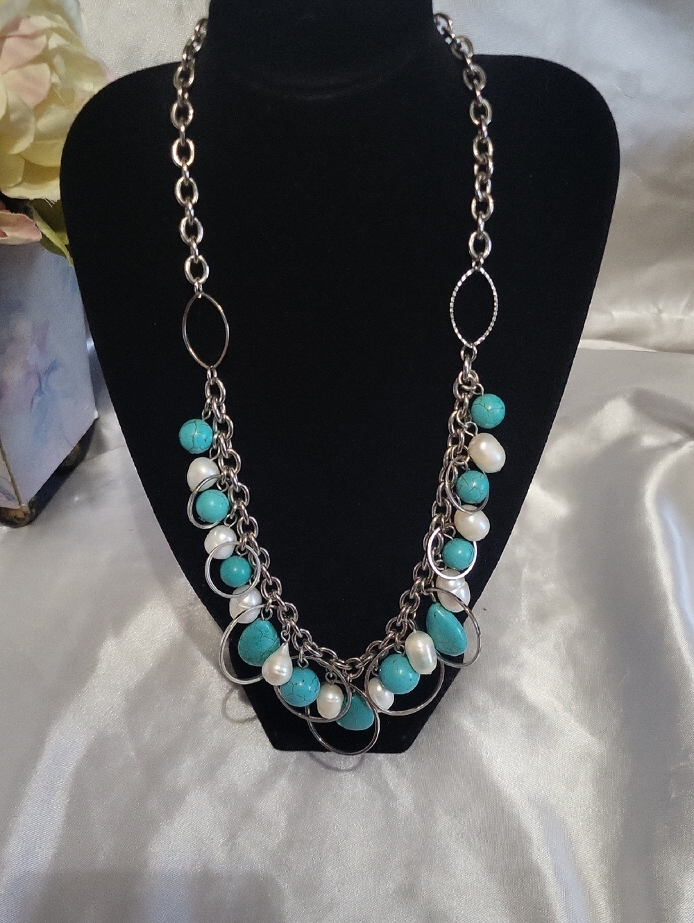 LOW START!!! Vintage Freshwater Pearl and Turquoise Stone Necklace